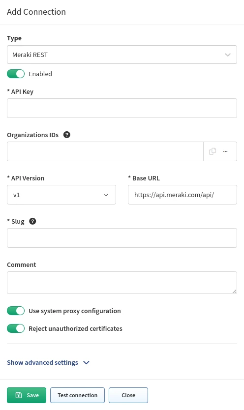 Add Connection - Meraki REST