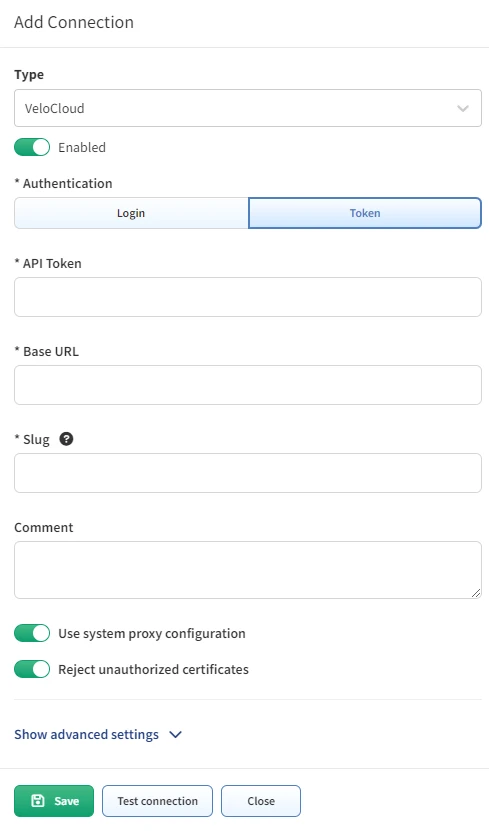 Add Connection - VeloCloud - API token