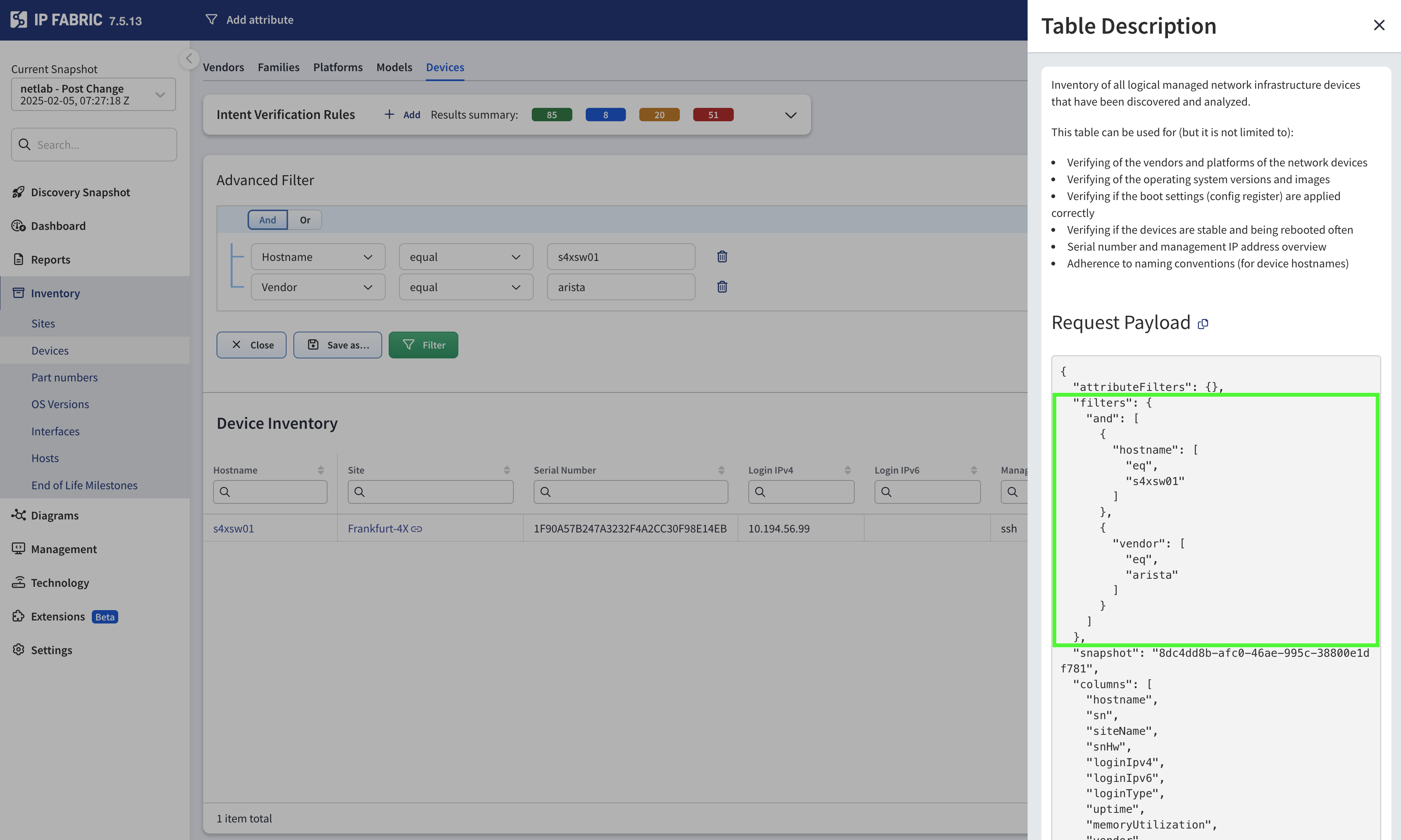 Table Description - Request Payload
