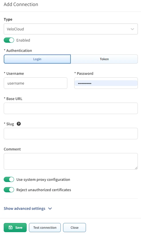 Add Connection - VeloCloud - username