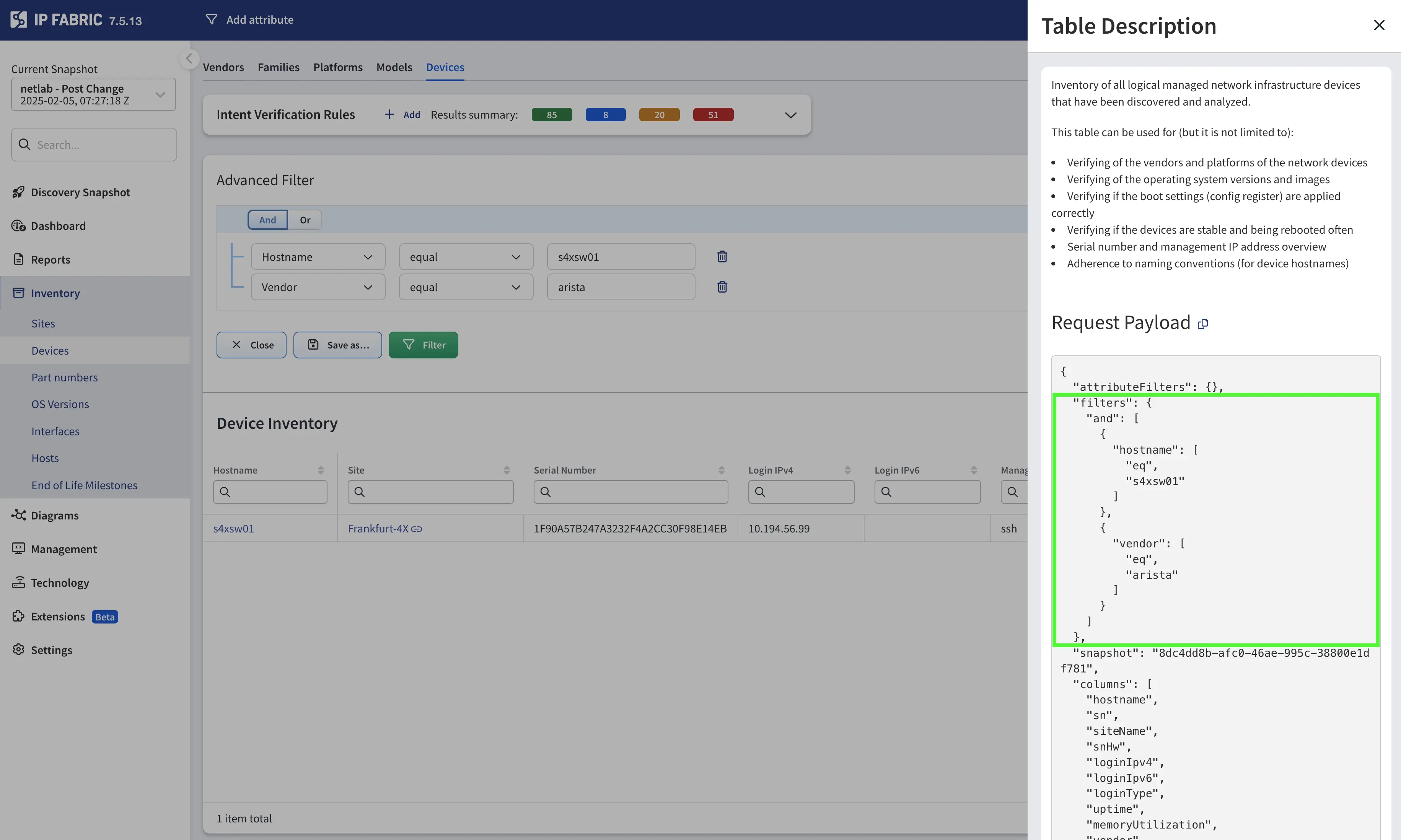 Table Description - Request Payload