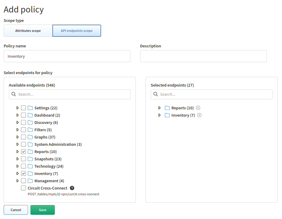 Select API endpoints scope policy