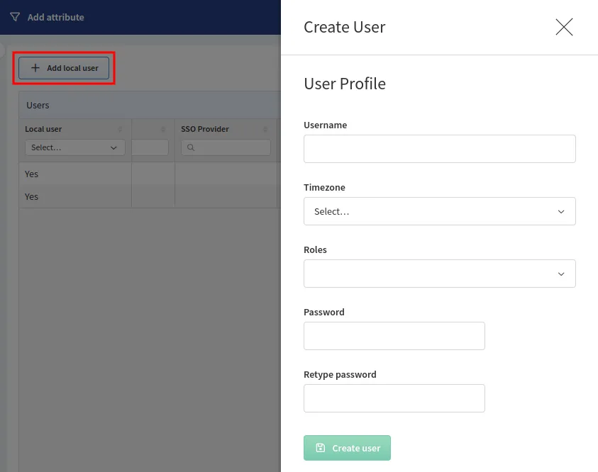 Add local user button and Create User form