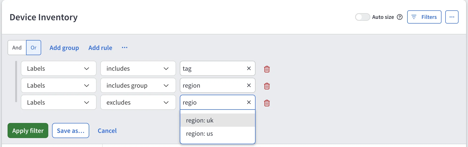 Label filters in Device Inventory