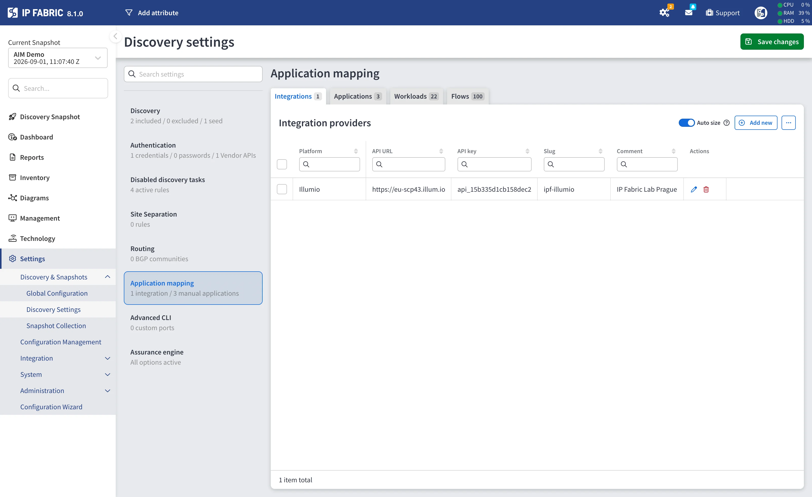 Application mapping in the Discovery Settings menu