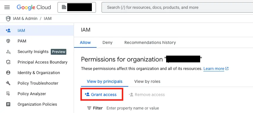 Navigate to organization permissions