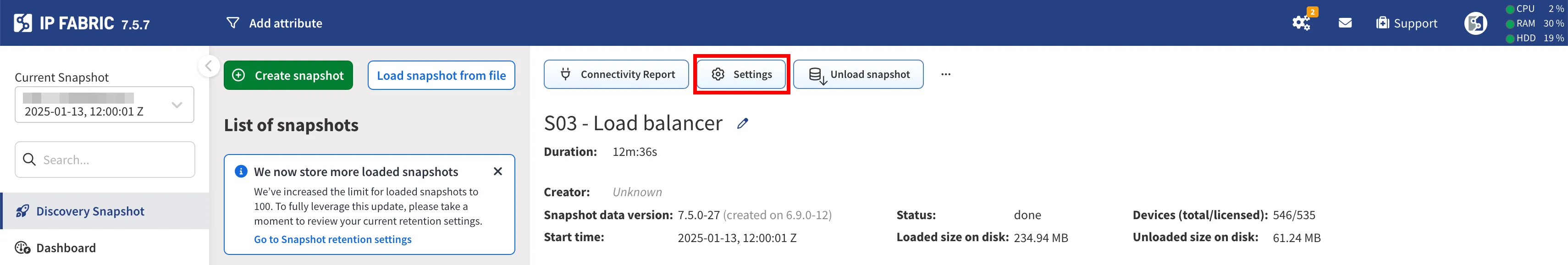 Snapshot-specific settings