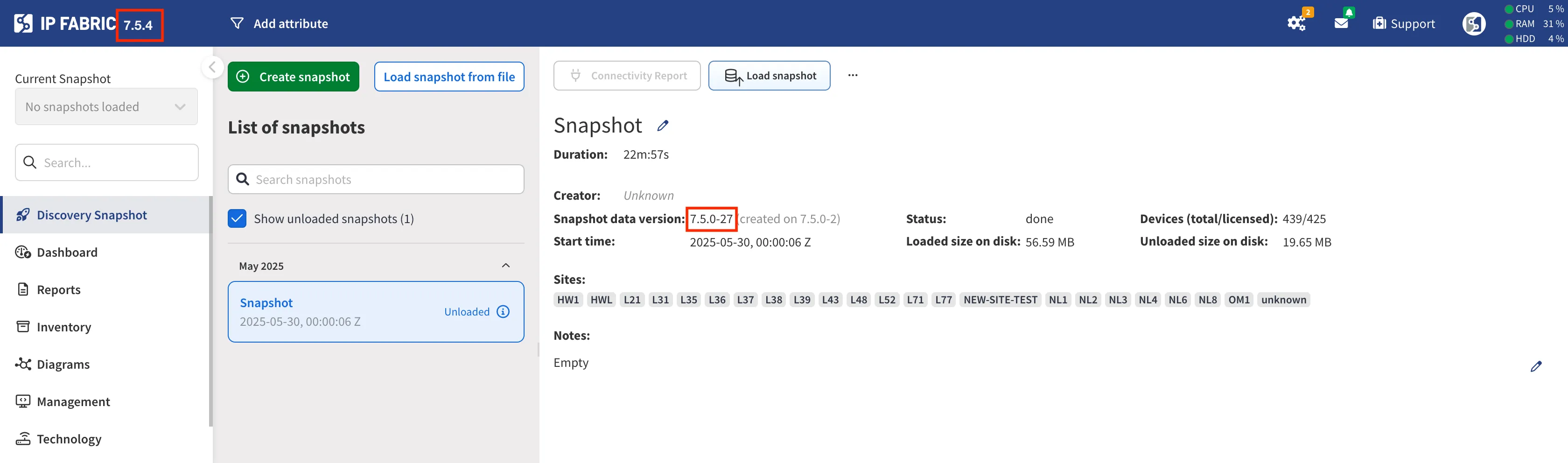 Snapshot versus software version