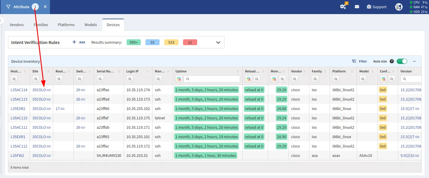 Attribute filter for siteName 35COLO applied
