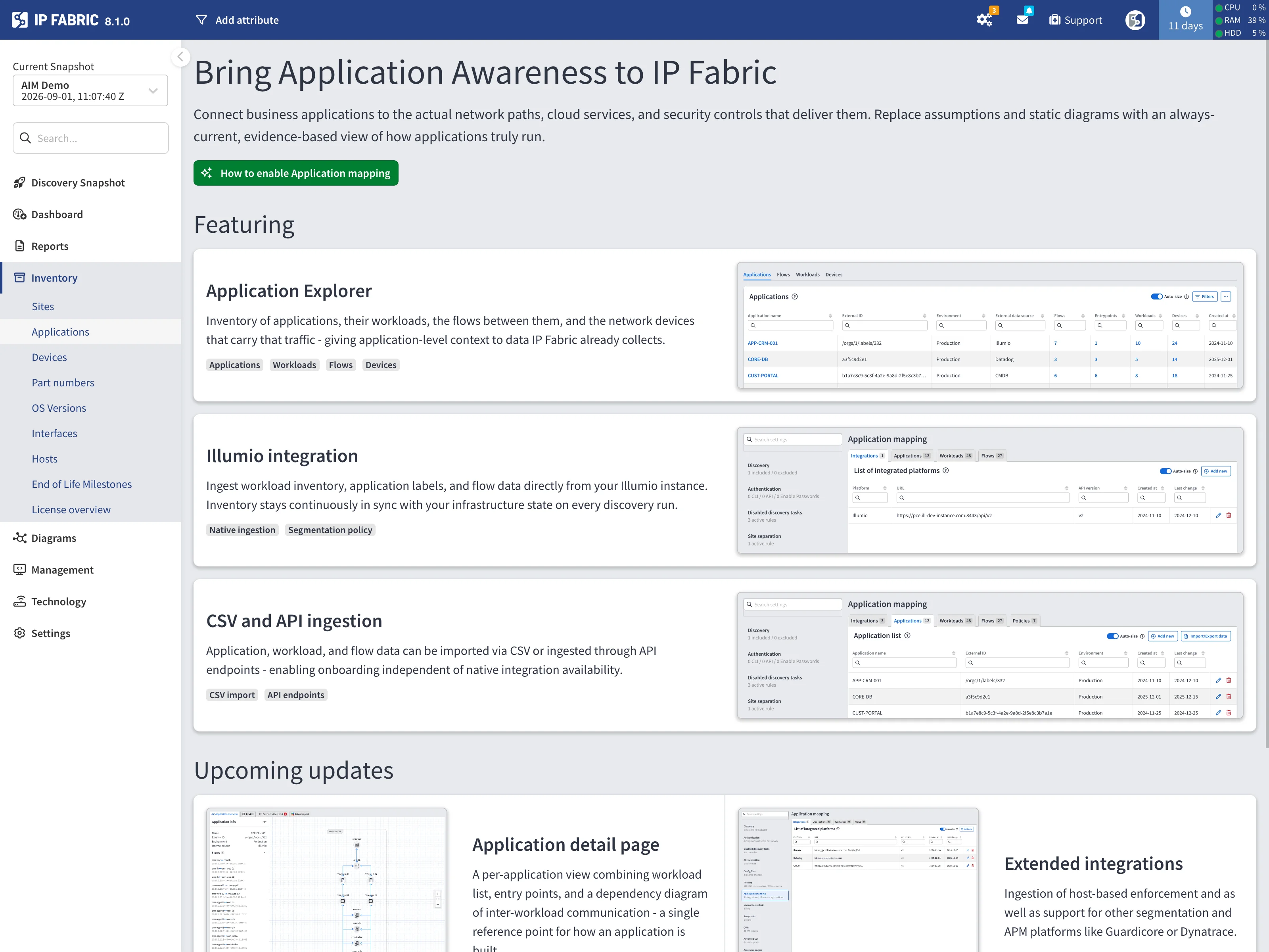 Applications page feature overview shown without an AIM license