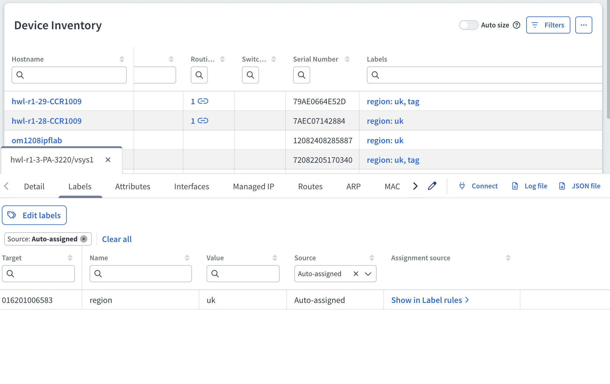 Labels tab in Device Explorer