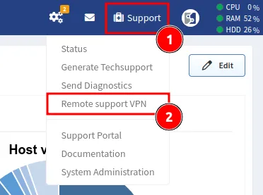 Select Remote support VPN in Support menu